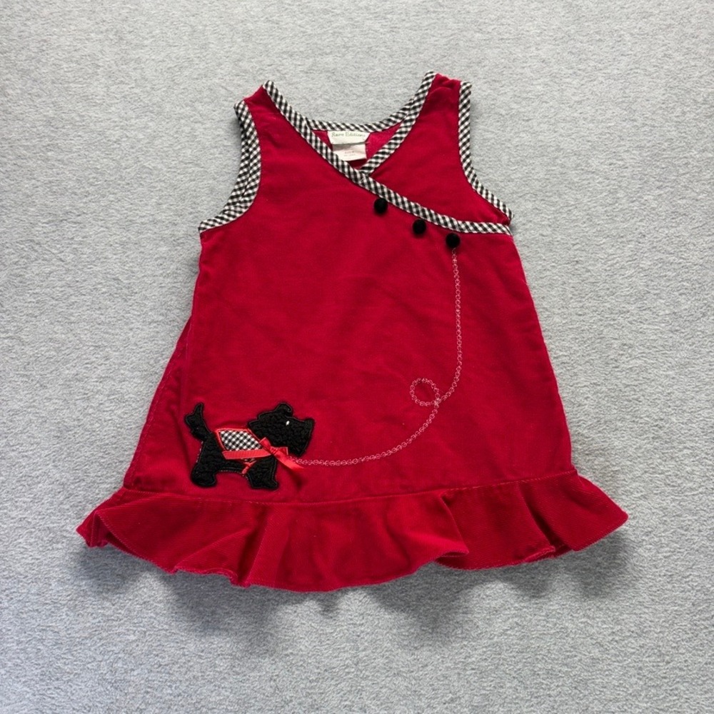 Rare Editions Girls Red Corduroy Scottie Dog Jumper Dress Gingham Trim 3T
